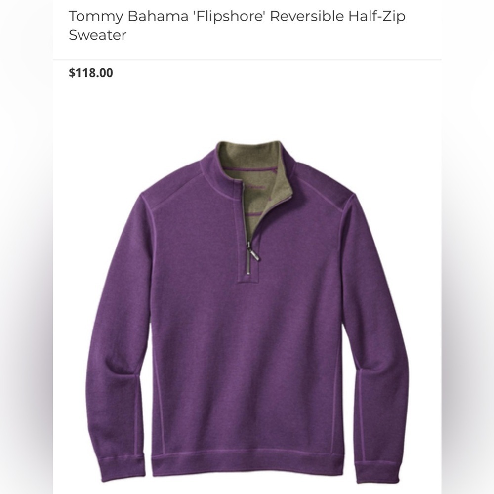 Tommy Bahama Reversible Half-Zip Sweater
Regal Purple/Army Green Men’s Medium - Picture 13 of 15